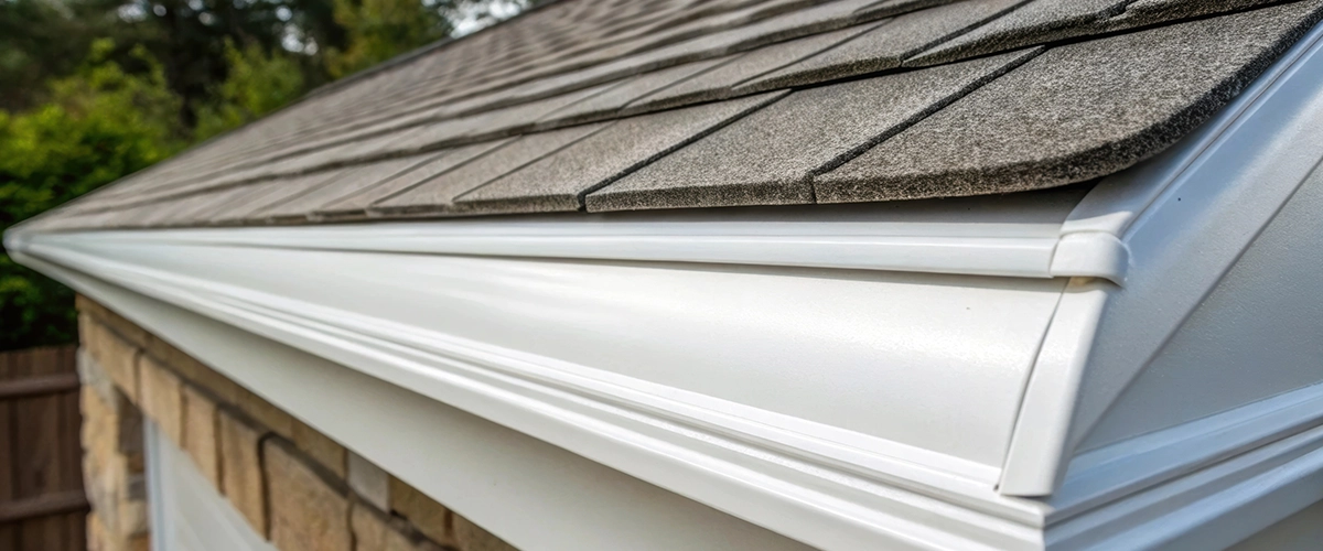 Closeup of a newly installed gutter edge with crisp lines and a freshly painted finish